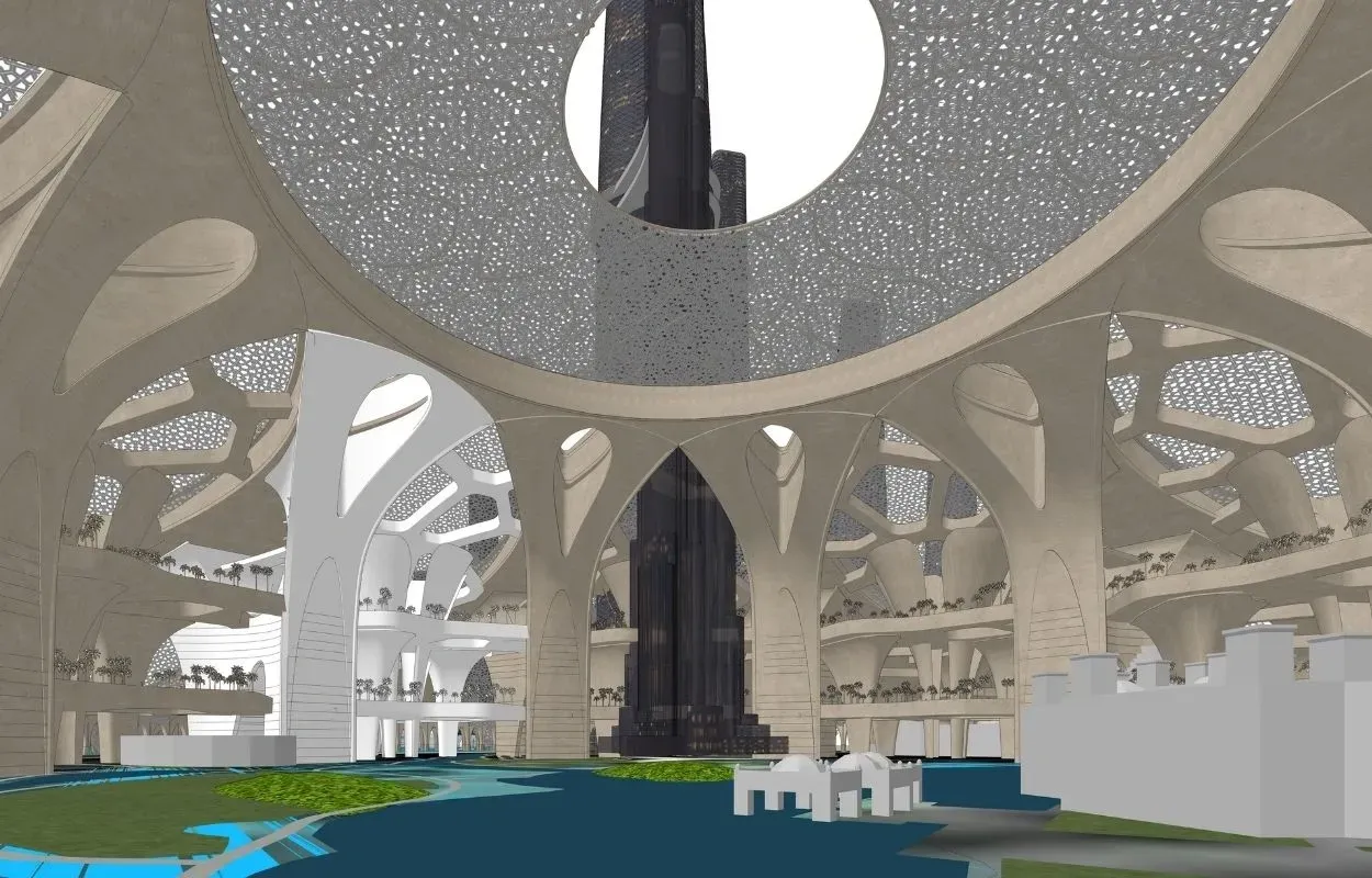 Vast futuristic interior with sweeping arches and perforated domed ceilings, featuring elevated gardens and a central tower structure. The space merges monumental scale with organic forms.