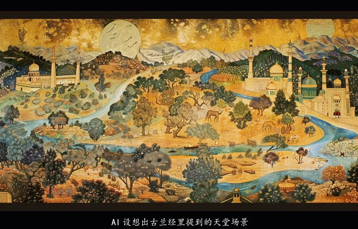 Illustrated scene inspired by Quranic descriptions of paradise, featuring golden landscapes, rivers, mosques, animals, and celestial calligraphy under a radiant moonlit sky. Text in Chinese below.