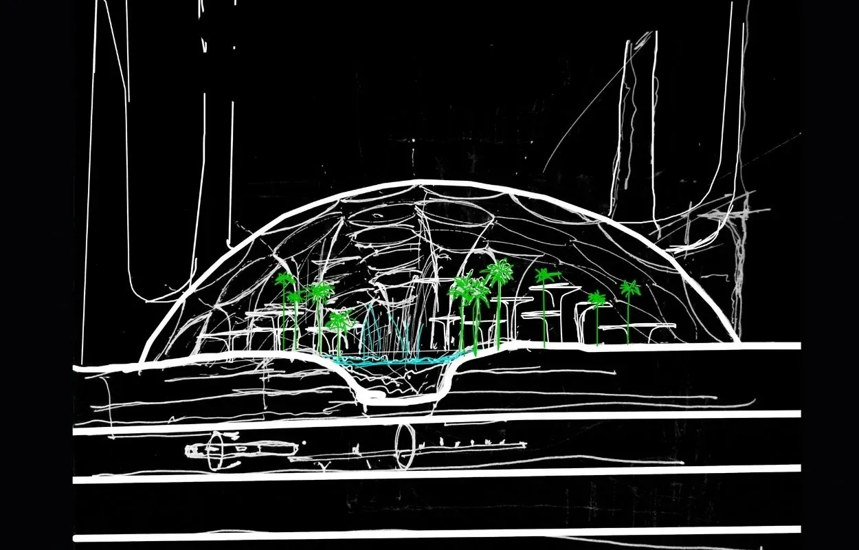 Hand-drawn architectural section on black background depicting a domed structure with interior landscaping, palm trees, and water elements in neon tones. Conceptual lines suggest form and flow.