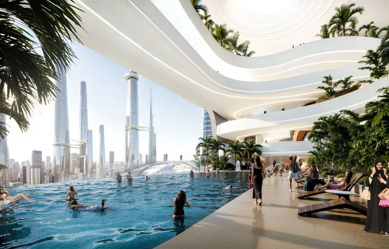 Luxurious rooftop pool with people lounging and swimming, surrounded by greenery and overlooking a futuristic skyline of supertall towers under bright daylight.