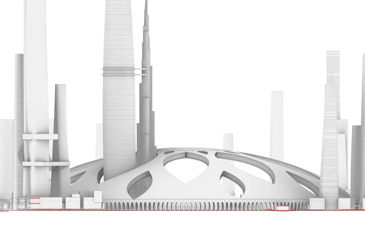 White 3D model showcasing a central dome structure flanked by futuristic skyscrapers. The dome has large organic openings and rests at the urban core.