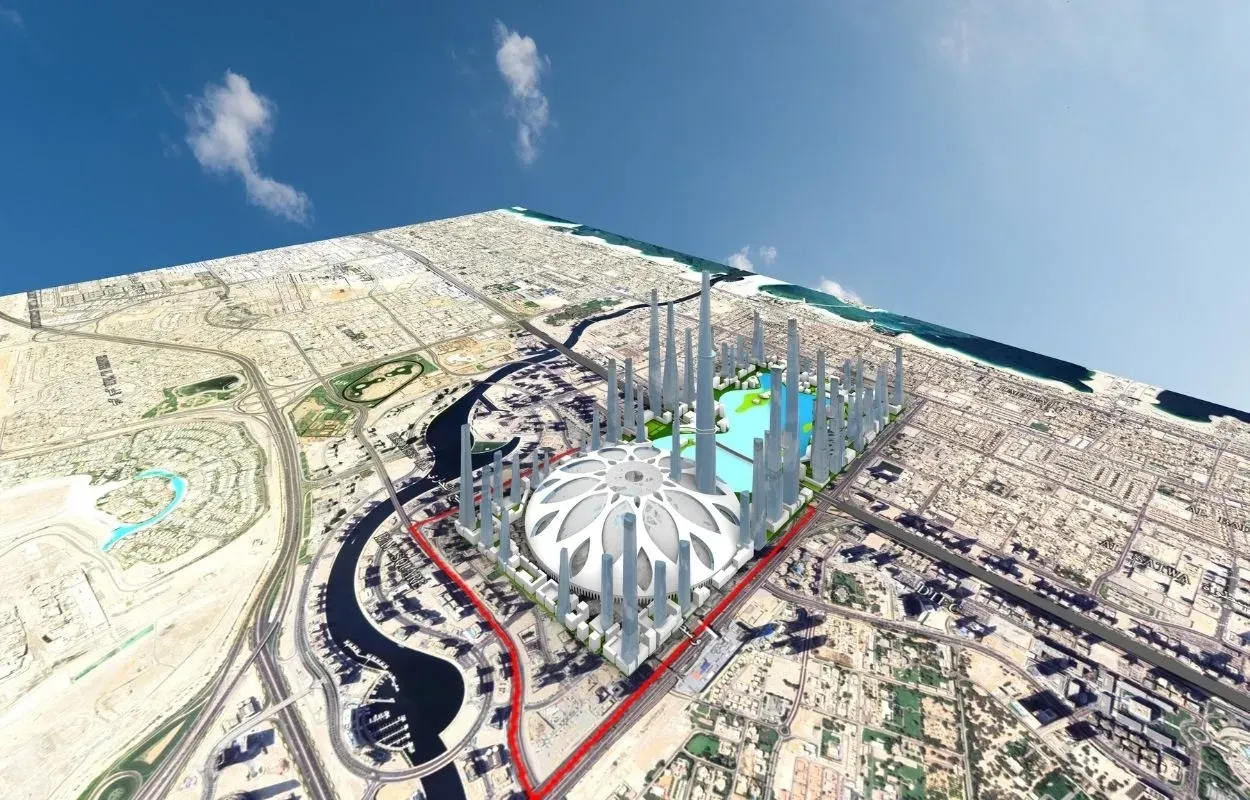 Aerial rendering of a visionary coastal city featuring a central dome structure surrounded by clusters of high-rise towers. The masterplan is overlaid on a satellite map with a red boundary line outlining the development zone near waterways and desert terrain.