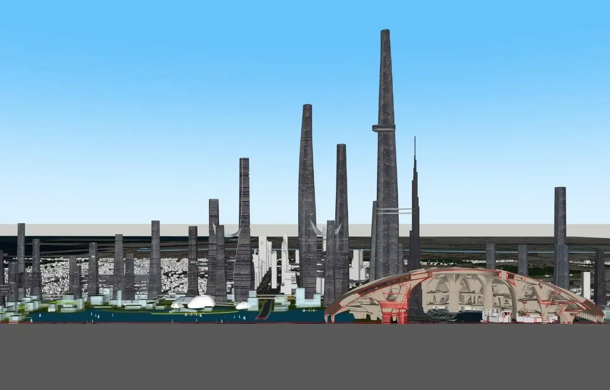 Section drawing through a visionary urban complex with dense clusters of high-rise towers and a massive central dome, revealing interior levels, red structure lines, and civic programming.